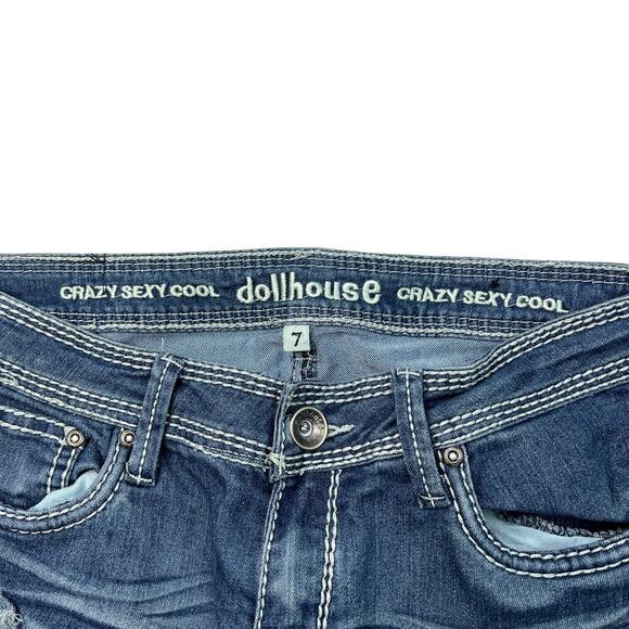 Dollhouse VTG Y2K Skinny Mid Rise Jeans Distressed Big Stitch Womens 7 Juniors - Picture 5 of 6